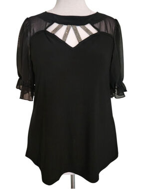 Adele & May Black Sheer Puff Sleeve Blouse Size Large Rhinestone Cutout Neck